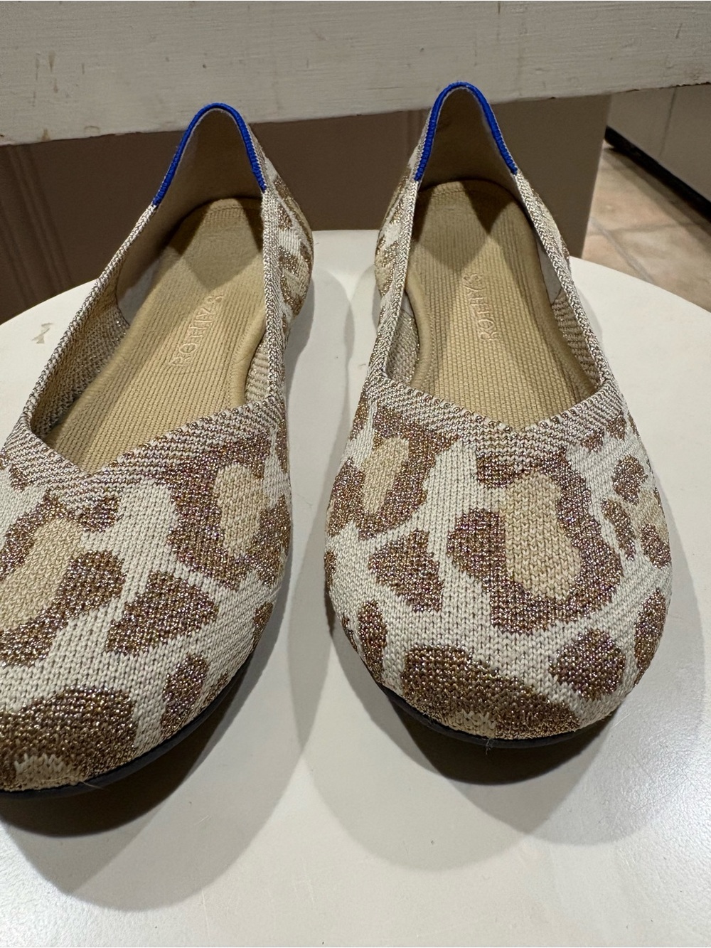 Rothy's Beige and Brown Leopard-Print Pointed Knit Flat with Blue Trim - Picture 3 of 3